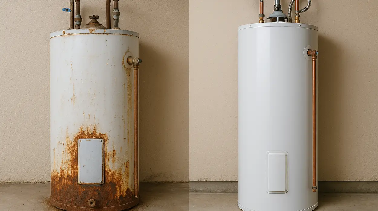 One rusted water heater next to a brand new water heater from Emergency Plumber Austin in Austin, TX - Burst Pipe Repair