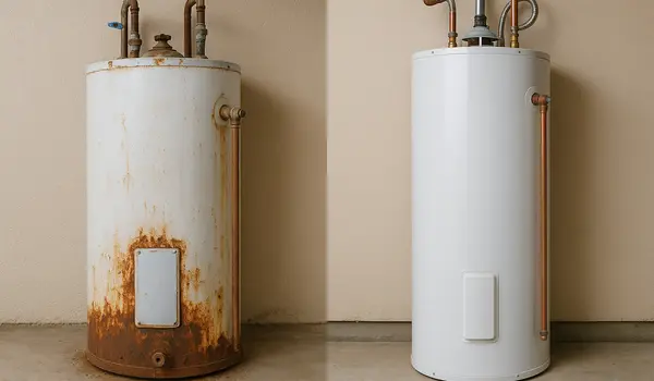 One rusted water heater next to a brand new water heater from Emergency Plumber Austin in Austin, TX - Burst Pipe Repair