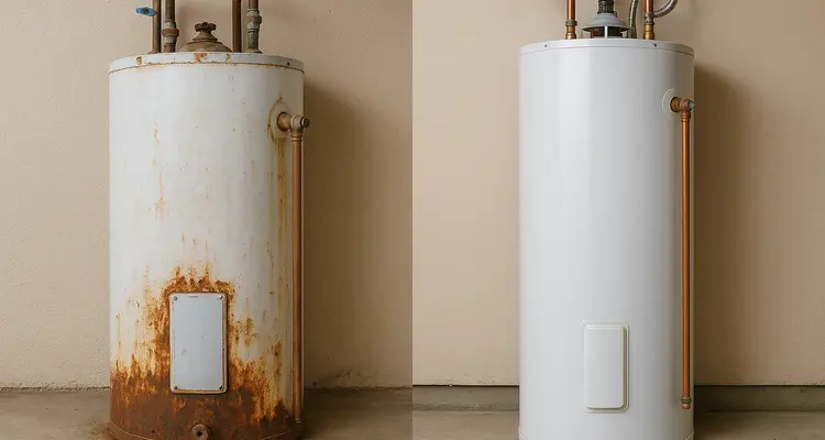 One rusted water heater next to a brand new water heater from Emergency Plumber Austin in Austin, TX - Burst Pipe Repair