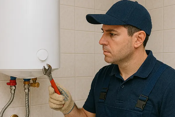 A male plumber working on a water heater hanging from the wall from Emergency Plumber Austin in Austin, TX - Burst Pipe Repair