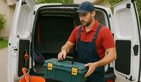 A plumbing technician putting his tool box back in his van from Emergency Plumber Austin in Austin, TX - Commercial Water Heater Installation