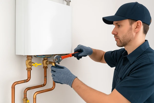 A plumber working on a tankless water heater from Emergency Plumber Austin in Austin, TX - Commercial Water Heater Installation