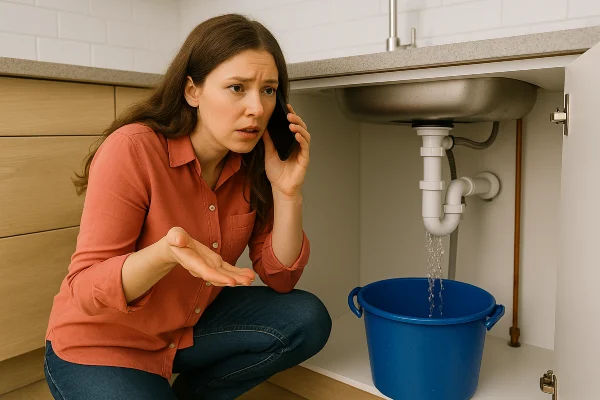 A woman on the phone with a water leak problem underneath the kitchen sink from Emergency Plumber Austin in Austin, TX - Commercial Water Heater Installation